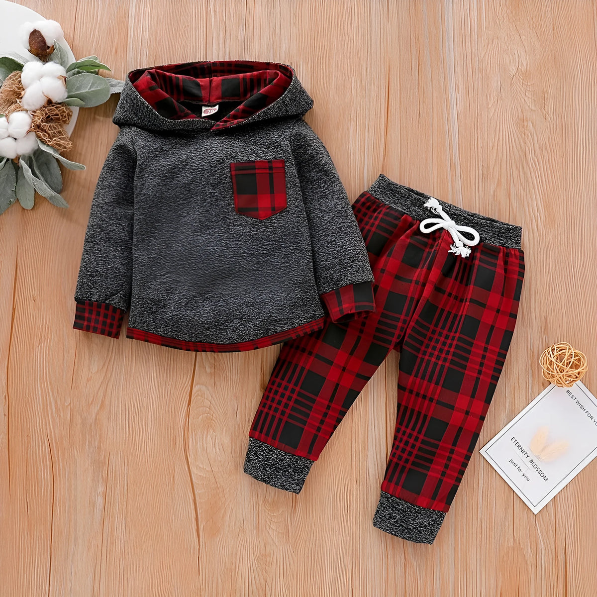 Baby long sleeve plaid sweater set in cotton blend, shown in grey and red, sizes 70cm to 110cm