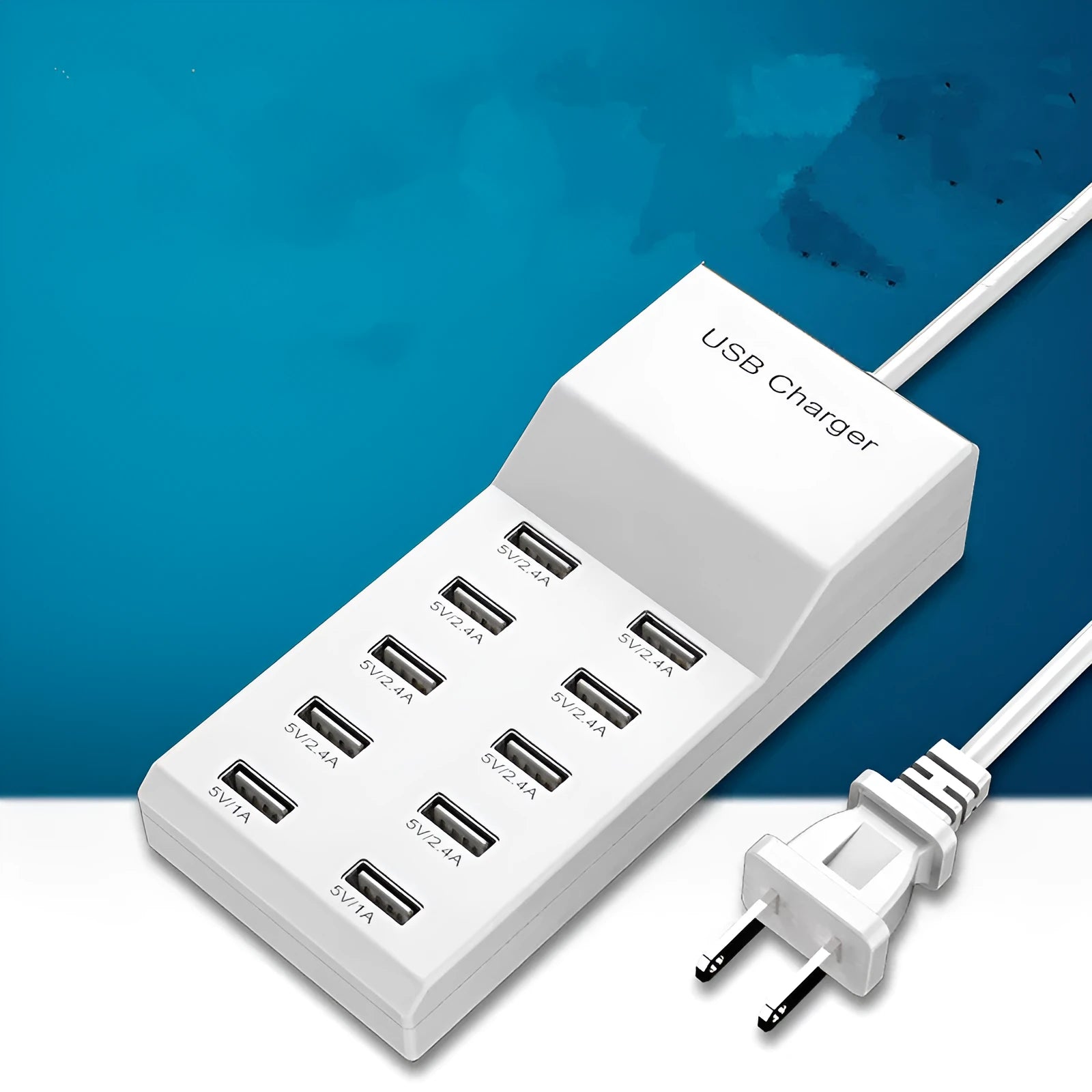 5V 2A USB multi-port charger with 5 ports, 10A output, overload protection, fireproof ABS housing, black colour