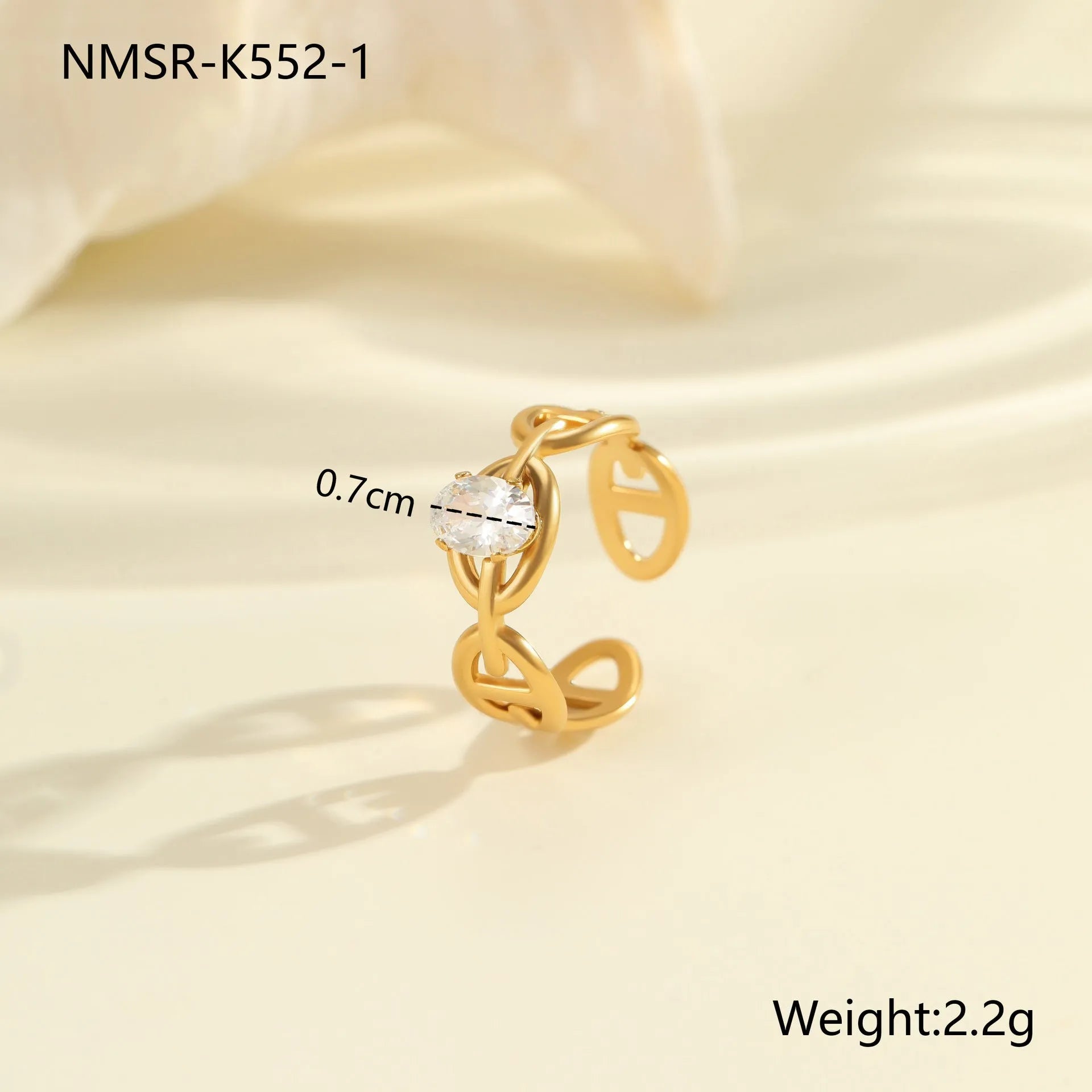 Geometric stainless steel ring with open mouth adjustable design and faceted zircon centrepiece