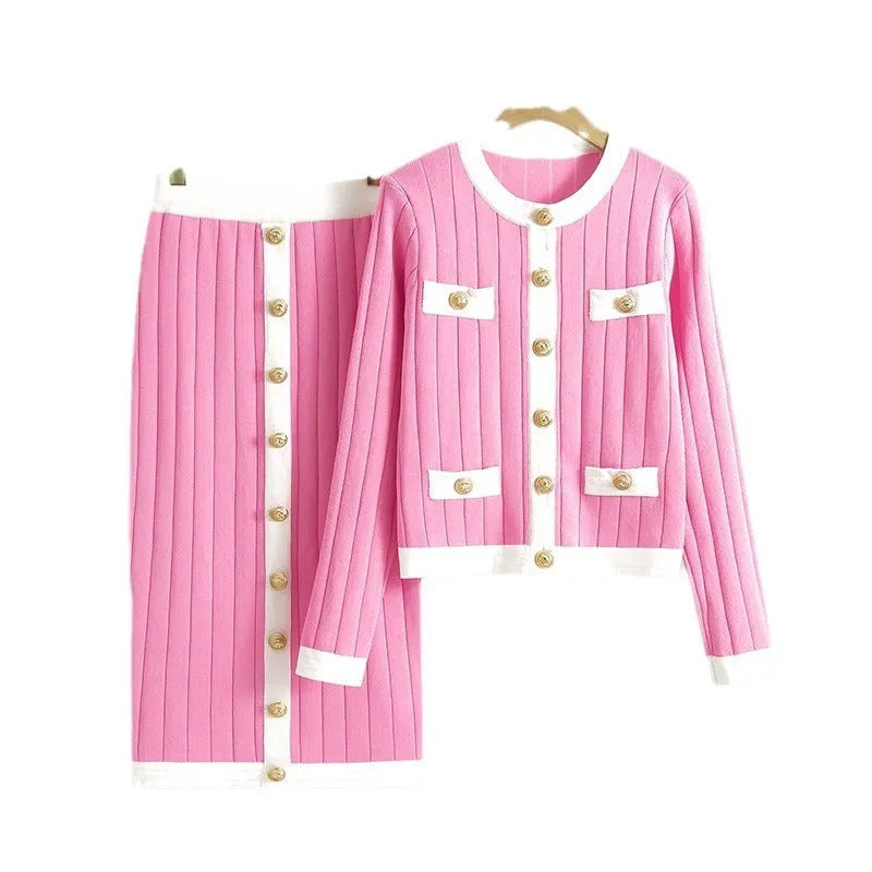 Women's knitted cardigan and skirt two-piece set in colour-block design, available in black, white, khaki, pink, viscose fibre fabric