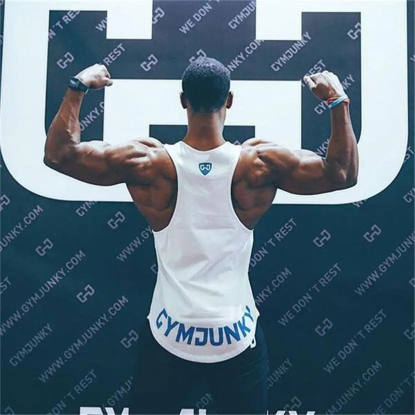 Men bodybuilding tank top in black, muscle fit sleeveless gym vest on model