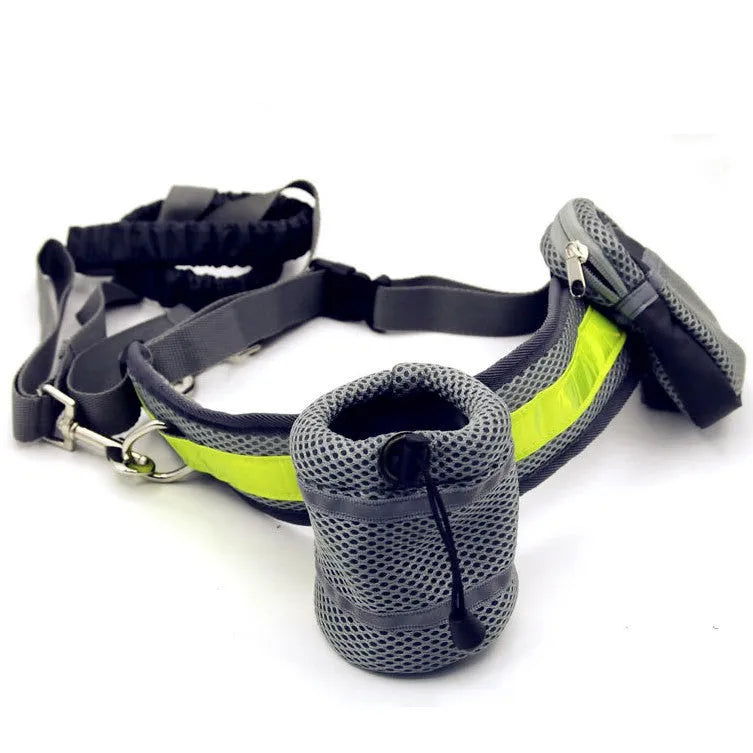 Adjustable hands-free dog leash set with 144cm nylon rope, 78-110cm waist belt, waist bag, and sundries bag
