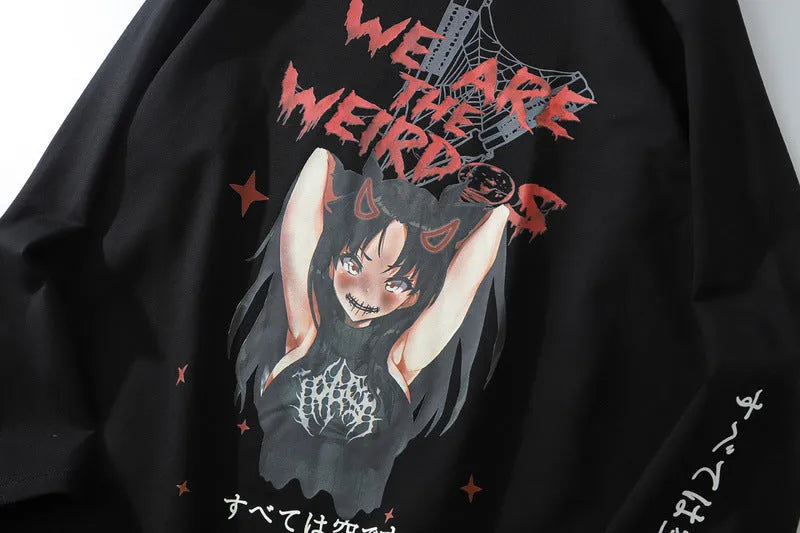 Anime street collar hoodie long sleeve round neck no hood black or white sizes L to XXL