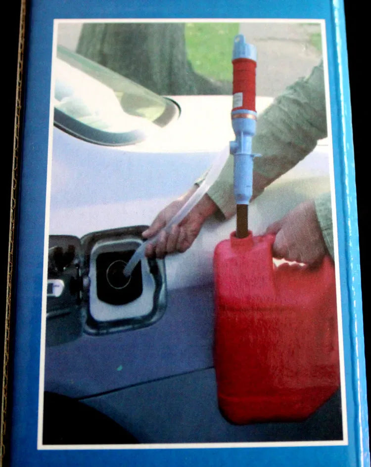 Blue manual hand siphon pump for transferring fuel, oil, and liquids.