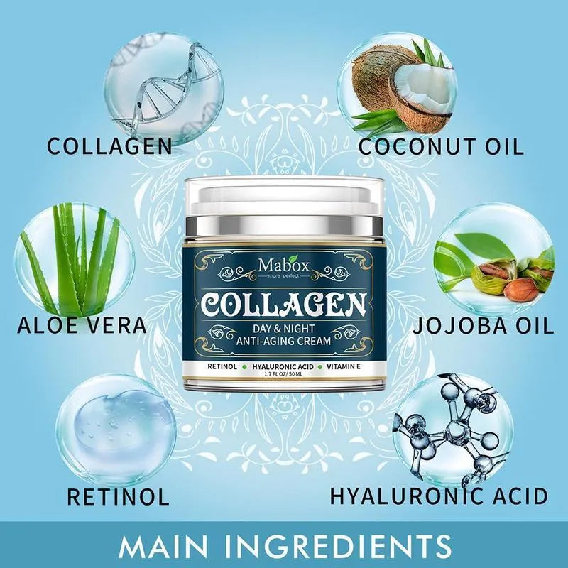 Blue jar of 50g Collagen Moisturizing Facial Cream with SPF10 for day and night use