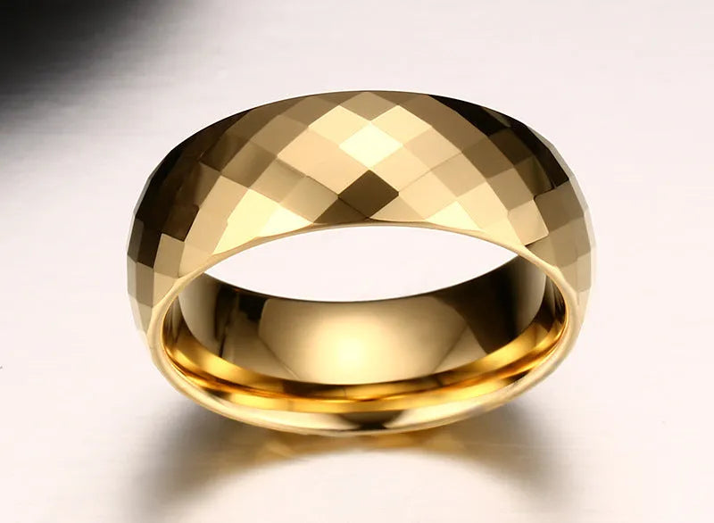 Men's tungsten steel ring in gold colour, available in sizes 7 to 13, shown on a neutral background