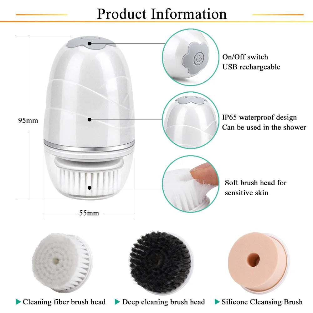 3-in-1 electric facial cleanser with dual speed brush heads and waterproof body in gold, pink, and white