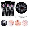 Three 15ml polygel bottles in different colours with 48 mold tips for nail extensions