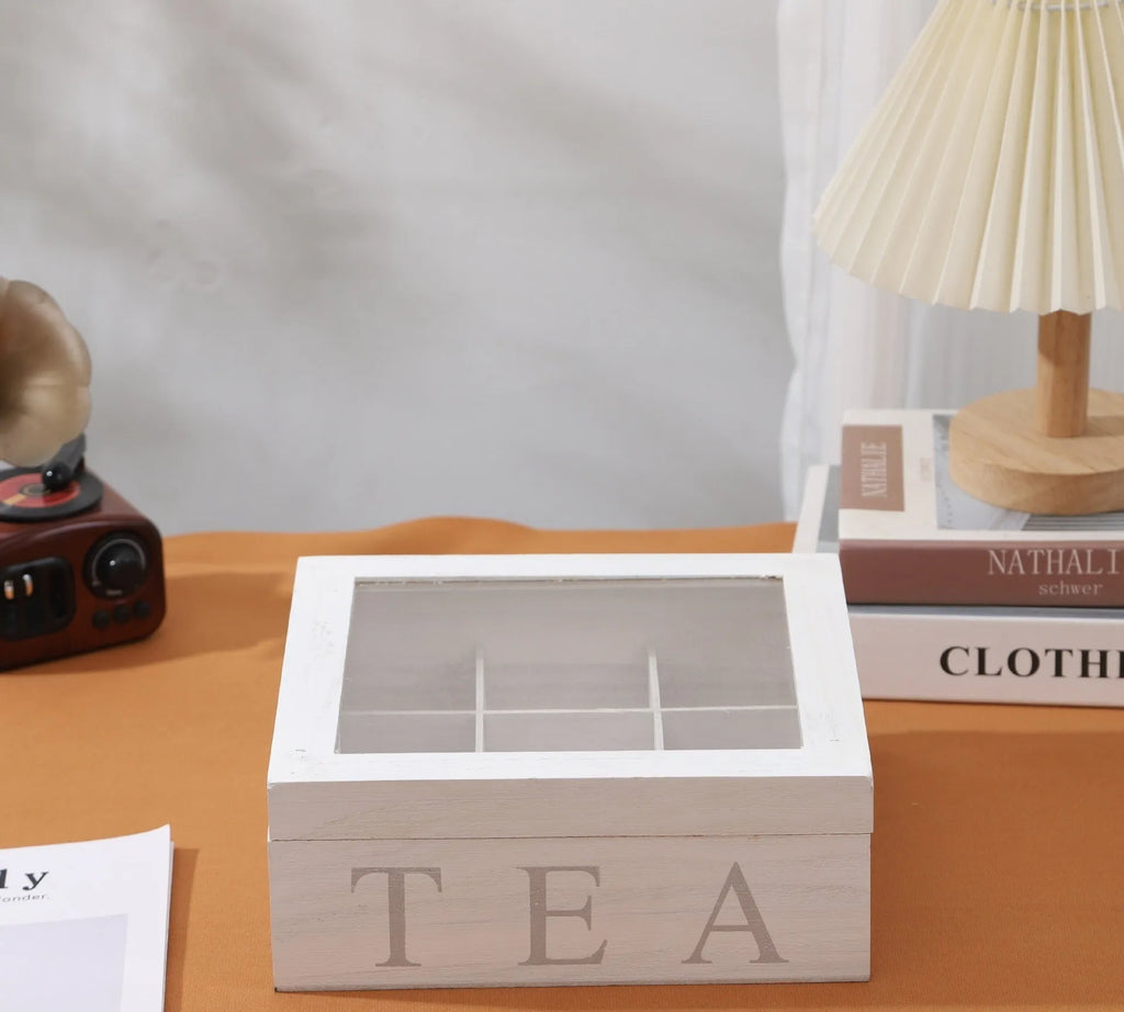 White wooden multi-grid storage box with transparent cover, 23 x 23 x 10 cm, for coffee pods and desktop organisation