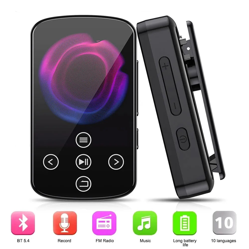 Black Bluetooth music player with 1.5 inch touch screen, buttons, 210 mAh battery, compact 60mm x 35mm x 18mm body
