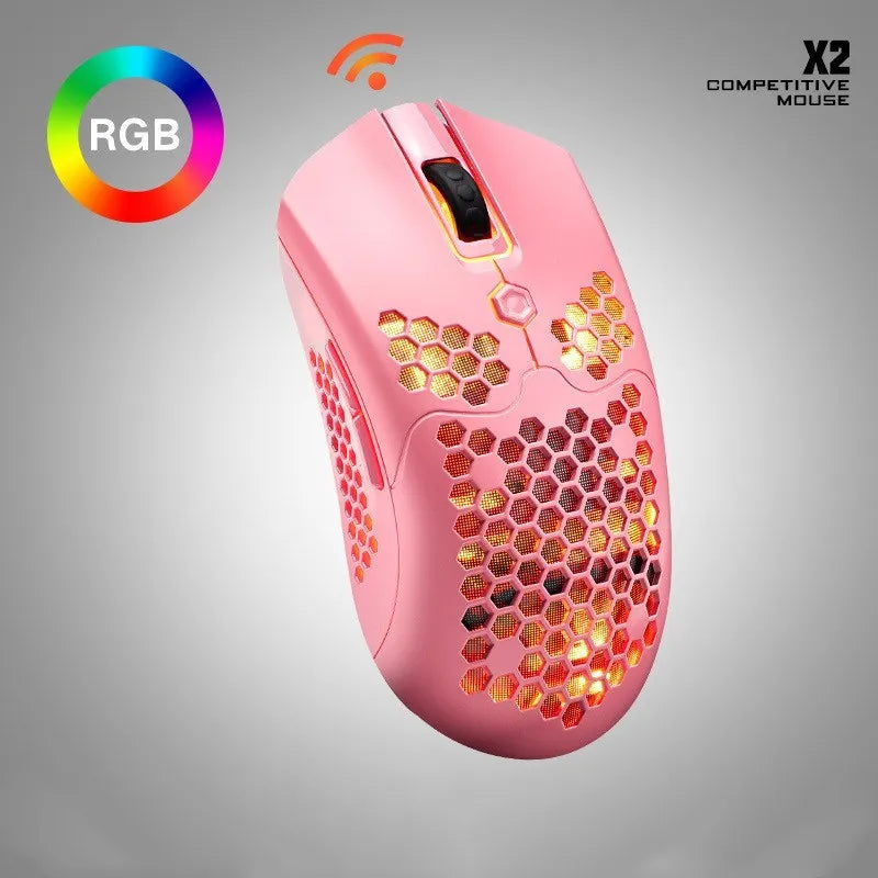 Free Wolf X2 wireless gaming mouse in black on a mouse mat, showing RGB lighting and side thumb buttons.