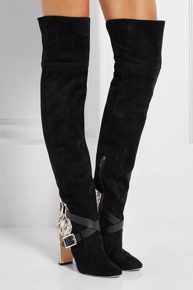 Black suede women's fashion boots with round toe, thick heel, rubber sole, and 8cm or more heel height.