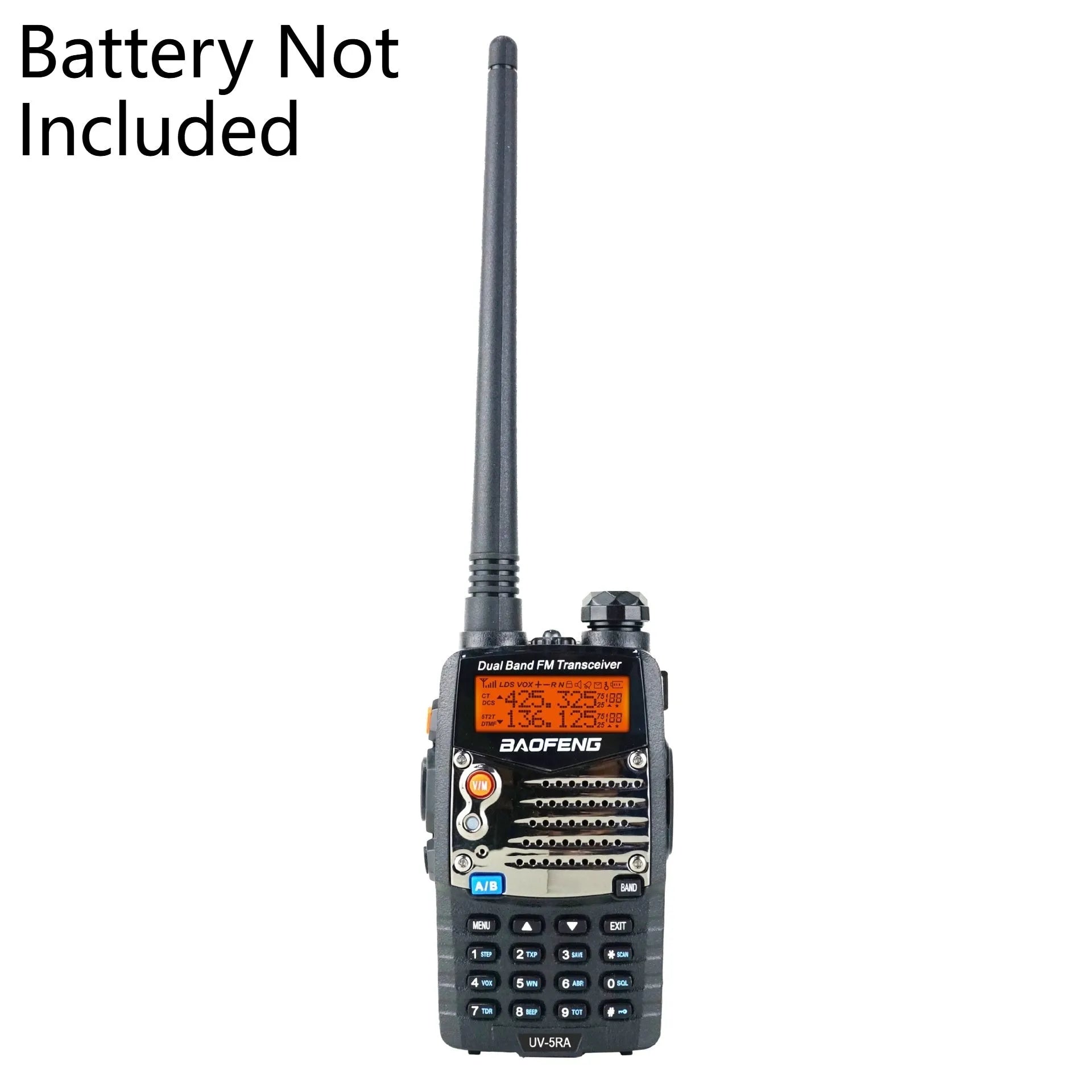 Baofeng UV-5RA dual-band walkie talkie with dual display screen showing two channel frequencies