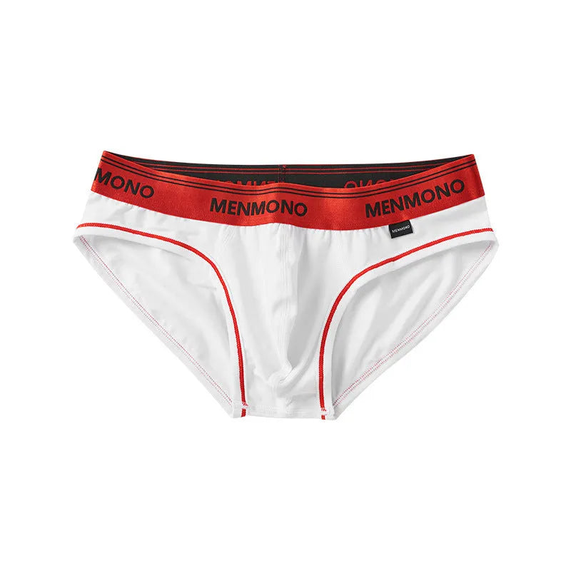 Men's low waist cotton briefs showing two-tone colour combinations including black/blue and white/red options
