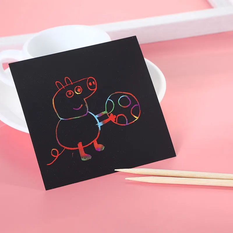 Colorful Trumpet Scratch Painting paper set in 8.8x8.8x2.5cm colour box with 100 sheets and 145g weight