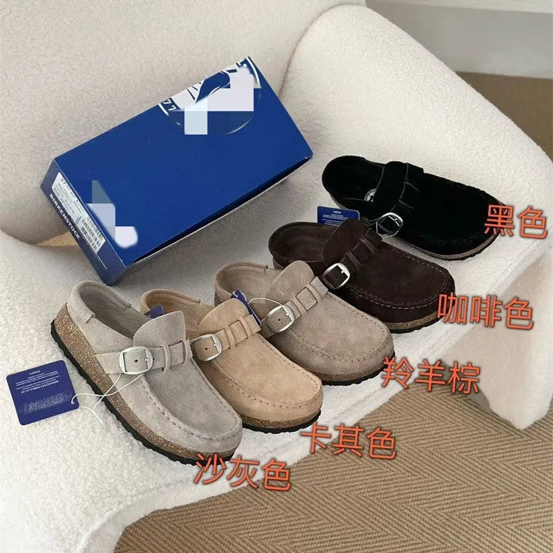 Unisex cow suede mule slippers with cork sole and toe cap in sand gray colour, side view