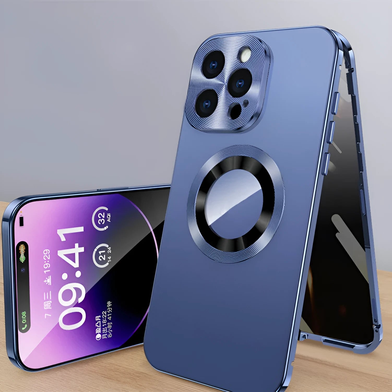 Magnetic iPhone case in silver colour, shown next to a metal anti-peep privacy clip.