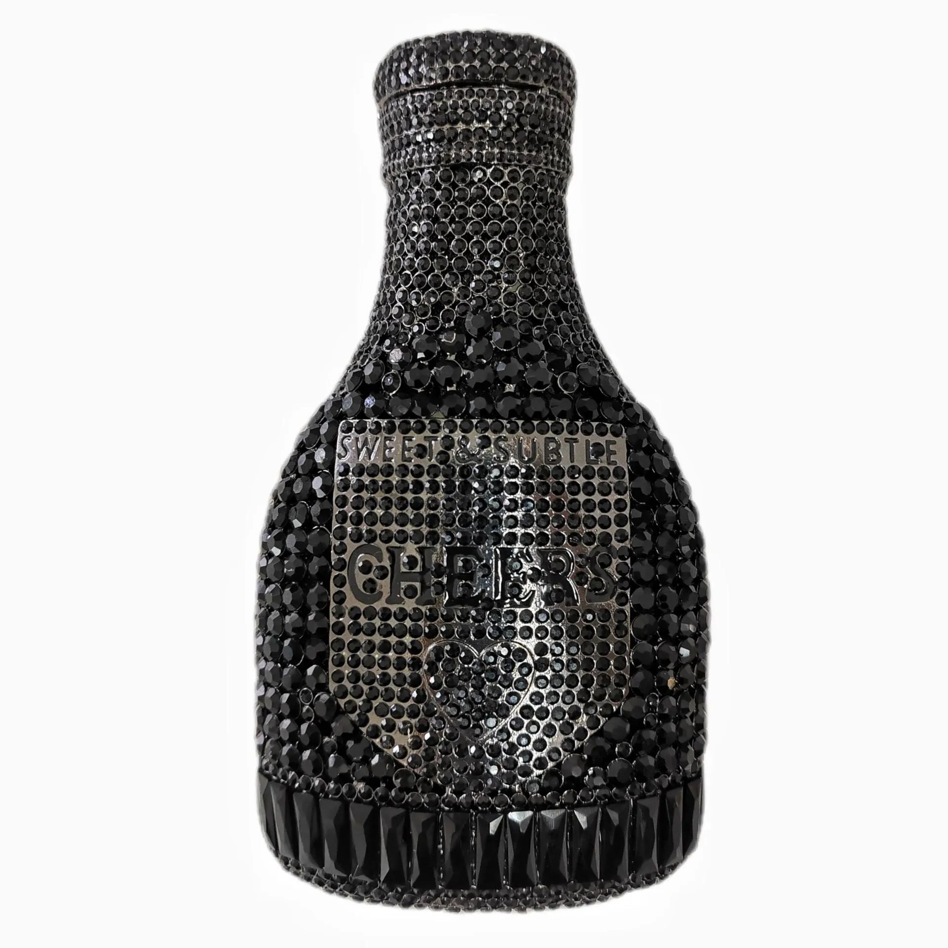 Gold rhinestone evening clutch bag shaped like a champagne bottle with a hard frame.