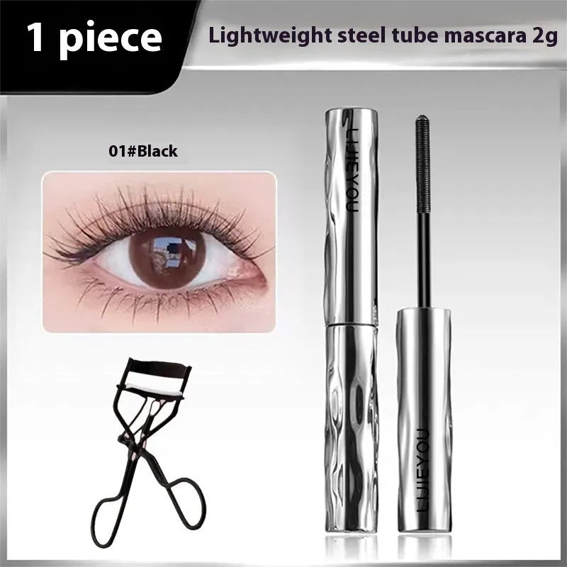 Waterproof steel tube mascara in black and brown colours with optional eyelash curler.