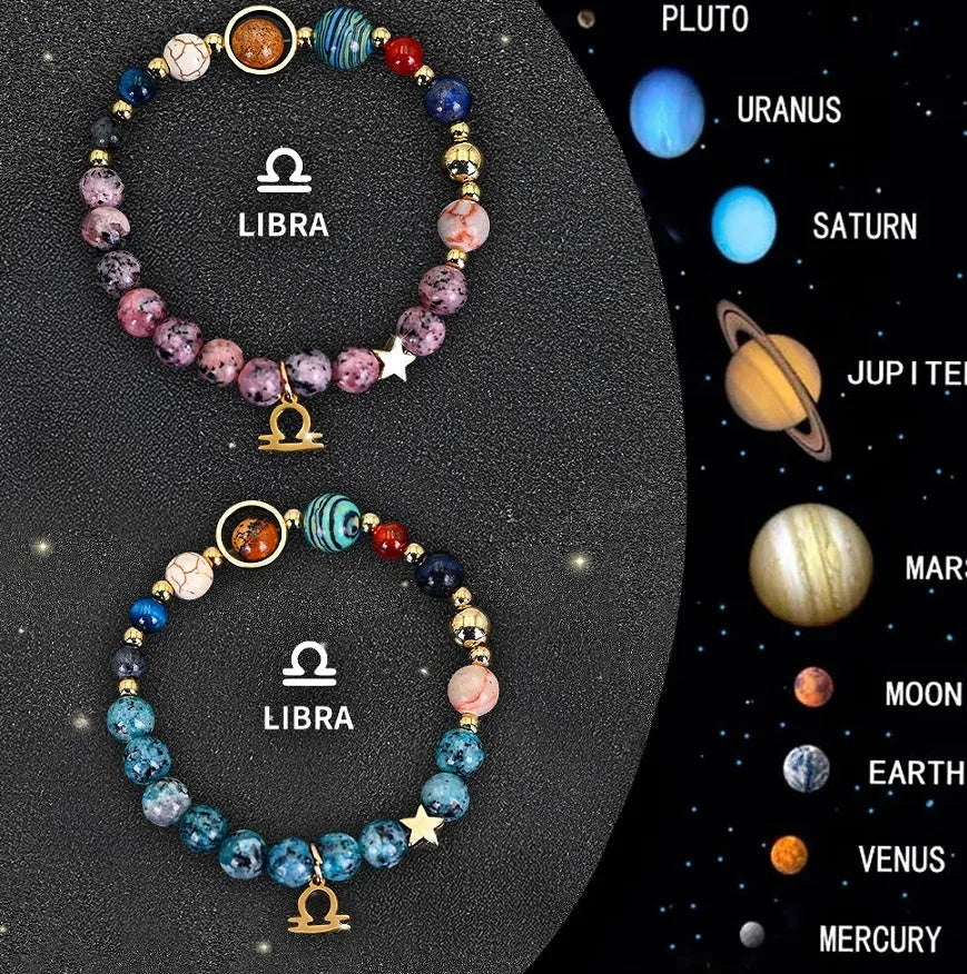 Two natural stone beaded bracelets with Chinese zodiac charm beads on a white background.