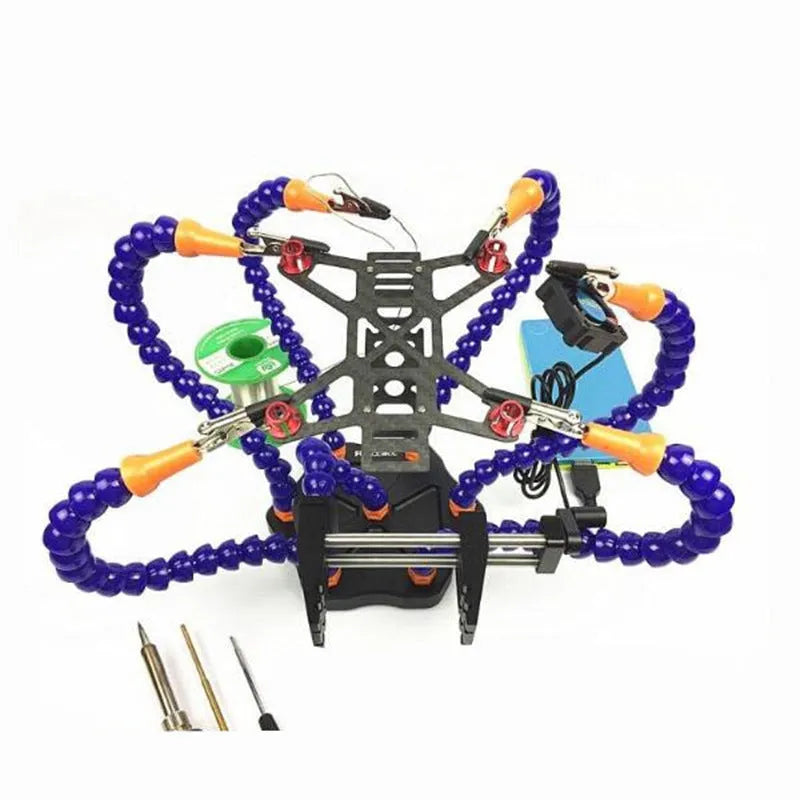 Black or purple aluminium alloy six-claw welding station with seven auxiliary arms for model soldering.