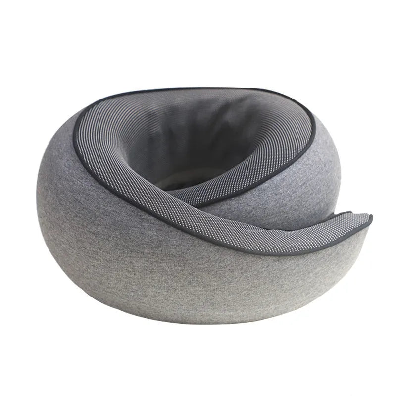 U-shaped memory foam travel neck pillow in a storage bag with colour options shown.