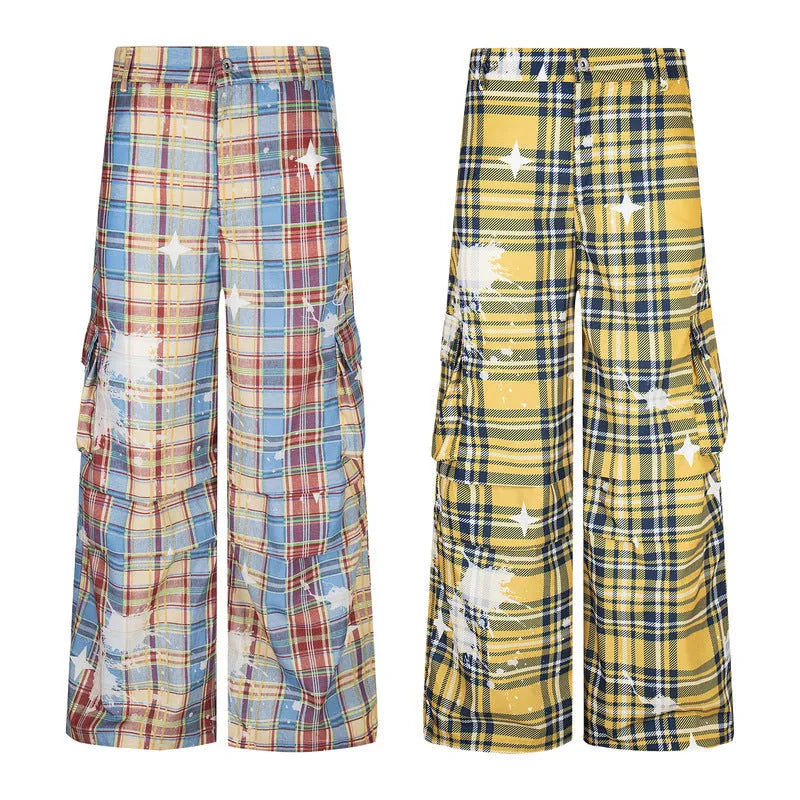 Men's blue retro plaid casual trousers with straight leg design on hanger