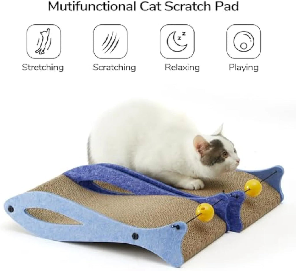 Blue fish-shaped cardboard cat scratcher lounger with a dangling bell toy for indoor cats.