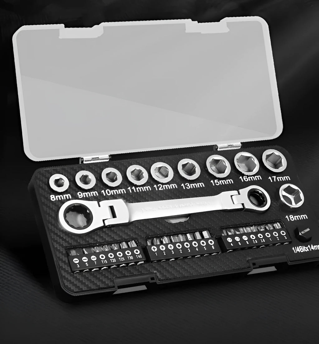 Dual-purpose ratchet wrench set with reversible head, 10 sockets, and 3 screwdriver bit heads on a workbench.