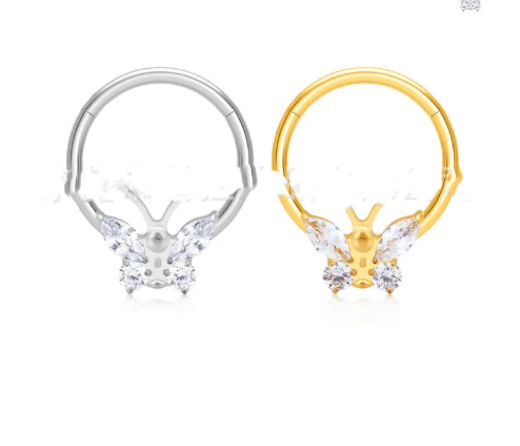 Titanium alloy labret nose ring with inlaid butterfly zircon on a closed ring stud, gold white colour, unisex bow shape