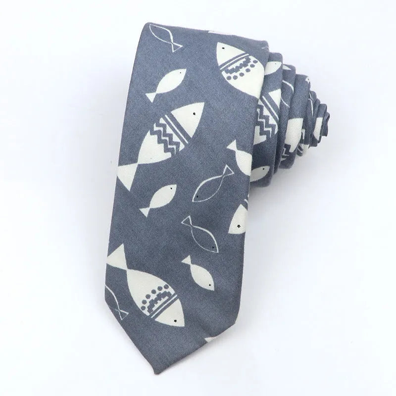 Narrow cotton bow tie with Korean-style cartoon patterns in multiple colour options