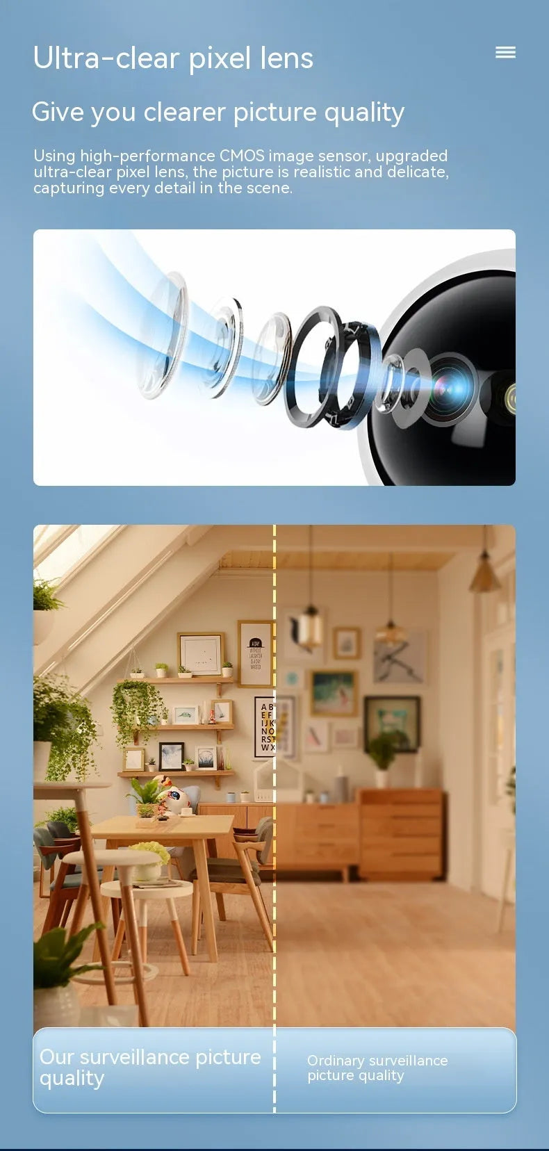 Wireless WiFi indoor surveillance camera with 360-degree panorama, night vision, and voice intercom, 135 x 104 x 98mm