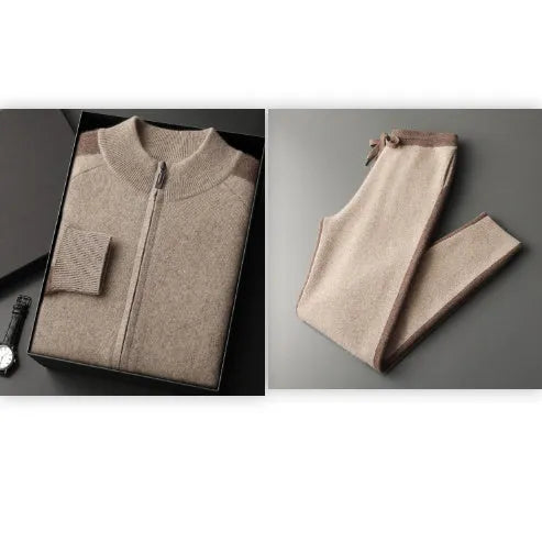 Men's cashmere wool blend cardigan suit with half-turtleneck zip jacket and matching trousers in winter colours
