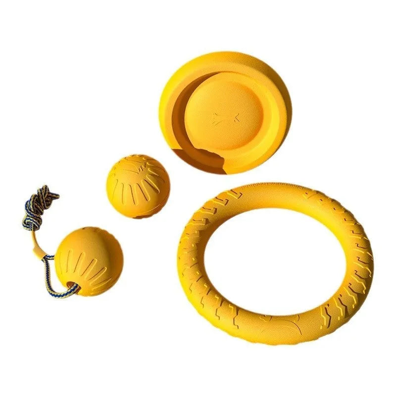 EVA dog training toy range with chew rope, frisbee, pull ring, and solid ball in 7cm or 9cm