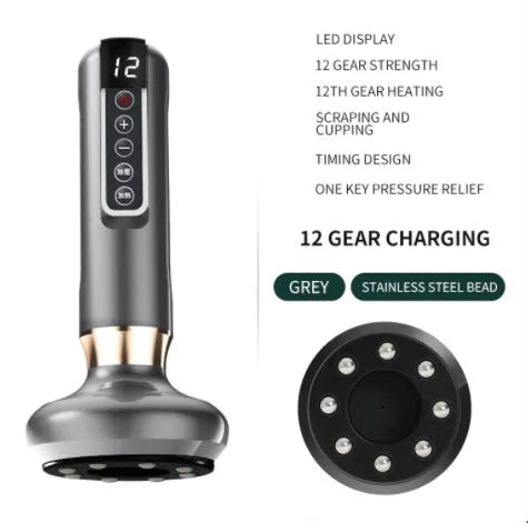 Green electric vacuum cupping massager device with USB cable on a white background