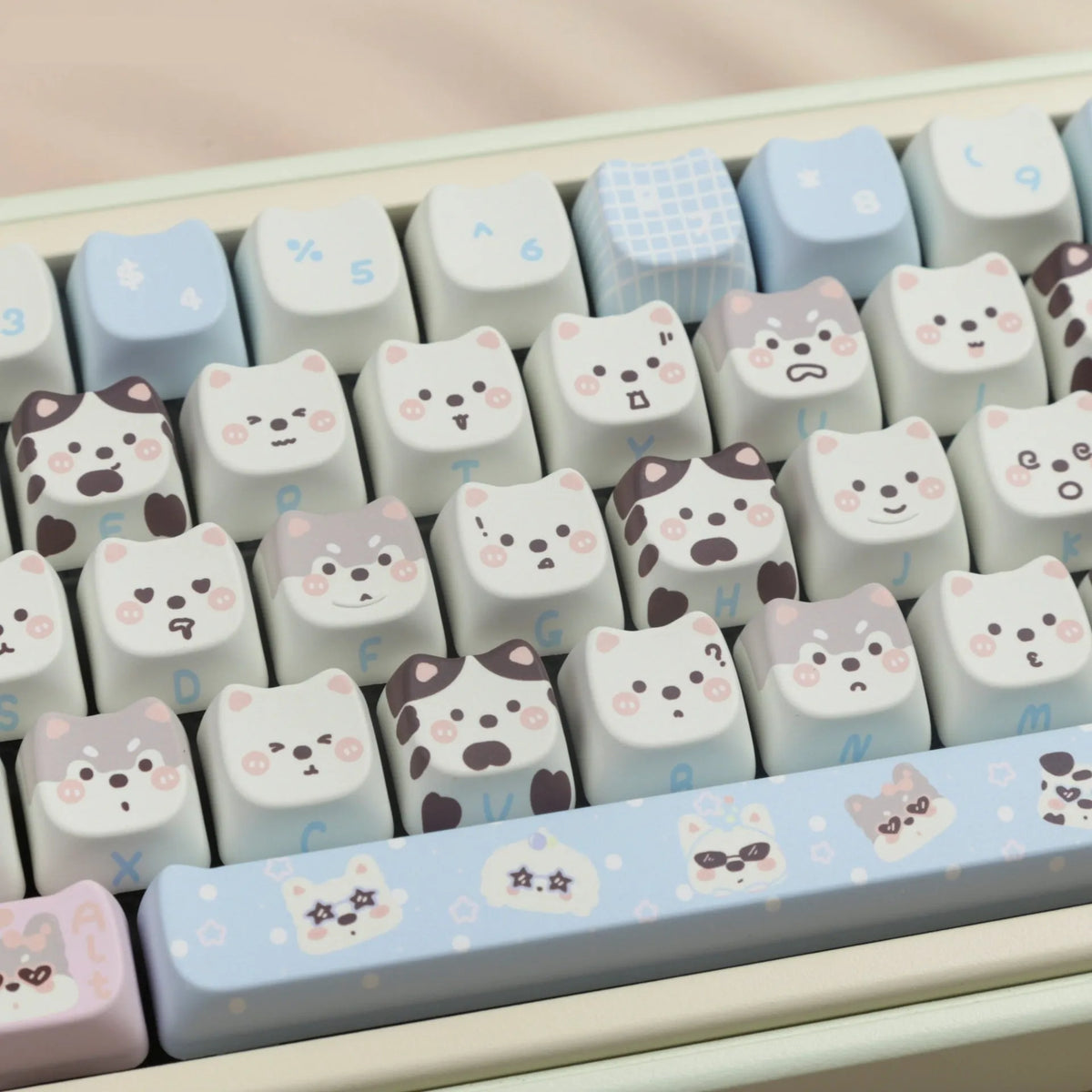 PBT plastic keycap set featuring colourful puppy design for mechanical keyboards