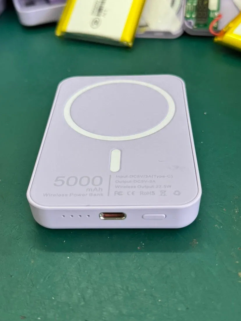 Magnetic wireless charger power bank with creative PVC design showing pink, purple, and white colour options