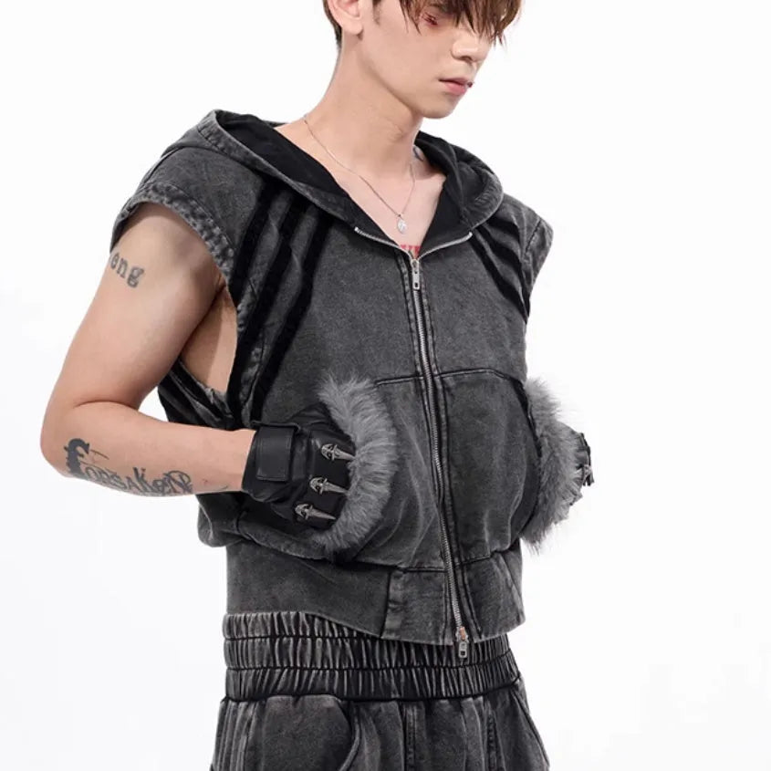 Korean style hooded sleeveless vest and trousers set with washed and worn stitching fur in black and grey