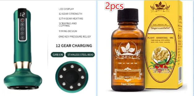 Green electric vacuum cupping massager device with USB cable on a white background