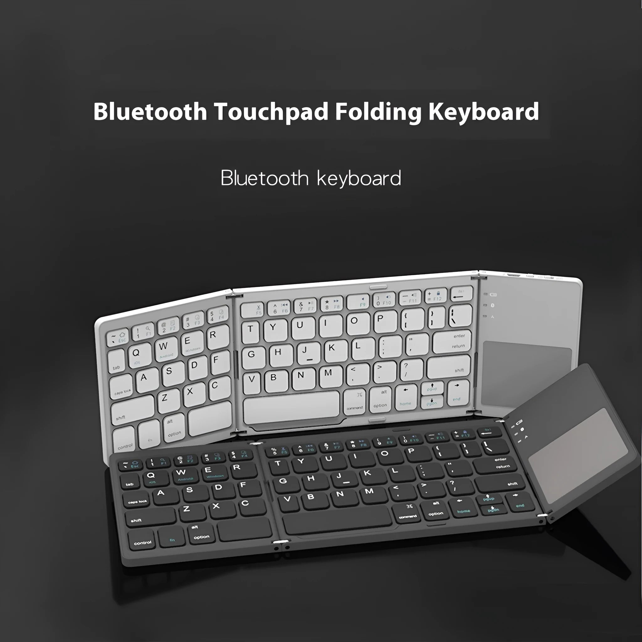 Tri-fold Bluetooth keyboard shown in black colour with dimensions 30.2 x 9.7 x 0.8cm