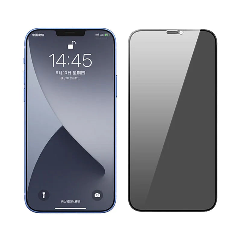 Full cover tempered glass screen protector for iPhone showing privacy, blue light, and dustproof variants.