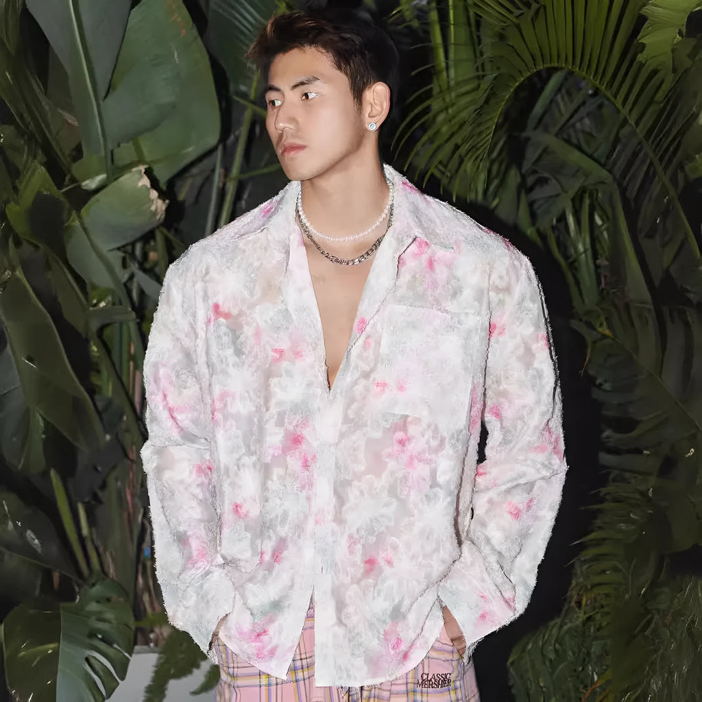 Women's pink floral long sleeve shirt with embossed pattern and loose fit