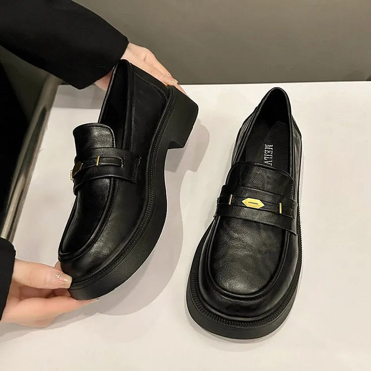 All-match metal commuter soft bottom soft surface small leather shoes for women - microfiber round toe flat heel, black or brown