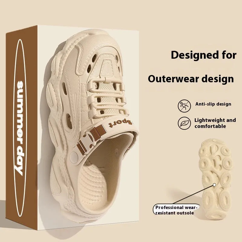 Men's khaki outdoor slippers with hollow-out design and light grey EVA non-slip sole.