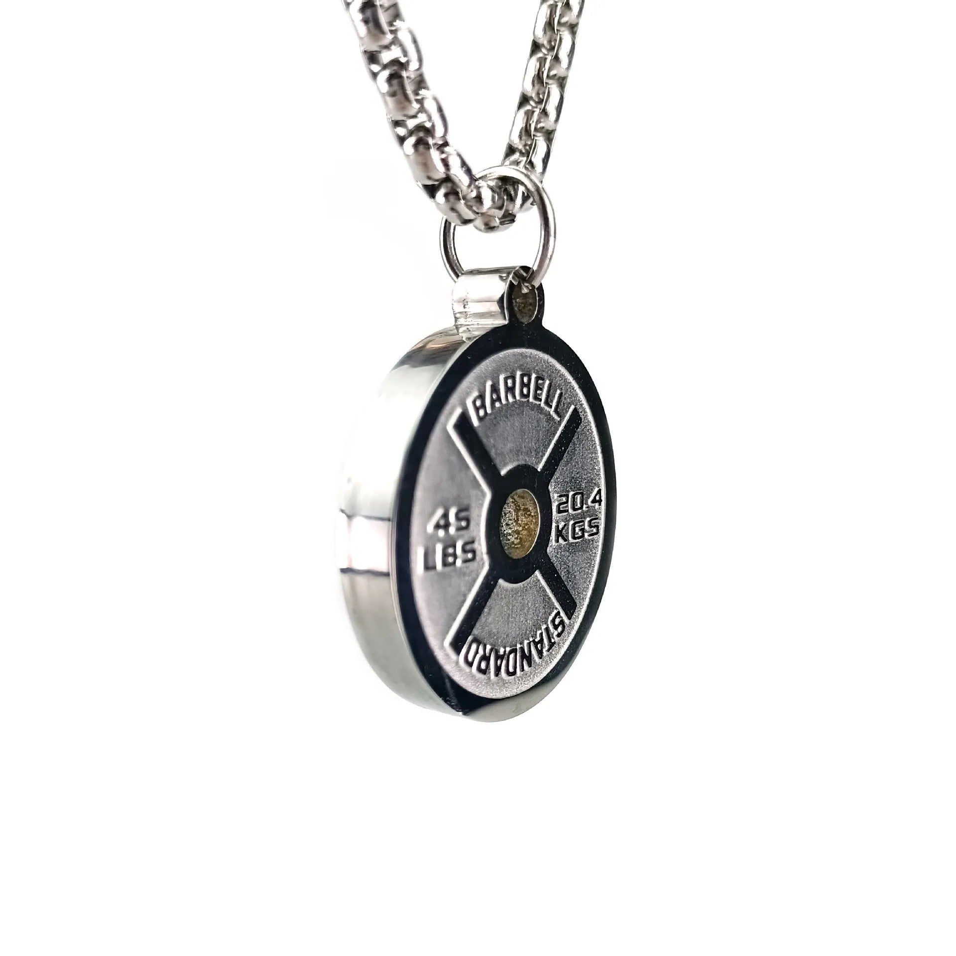 Stainless steel geometric barbell disk necklace on a 60cm chain, showing polished pendant detail.