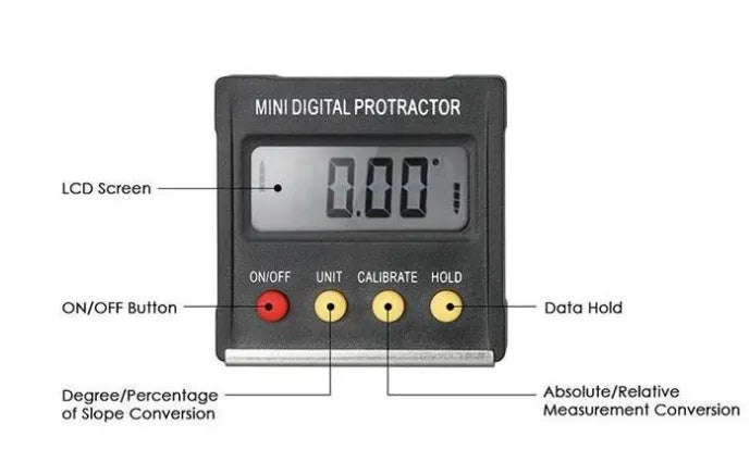 Black mini magnetic angle inclinometer, 55 x 55 x 16mm, 0.1° resolution, ±0.3° accuracy, 4×90° range.