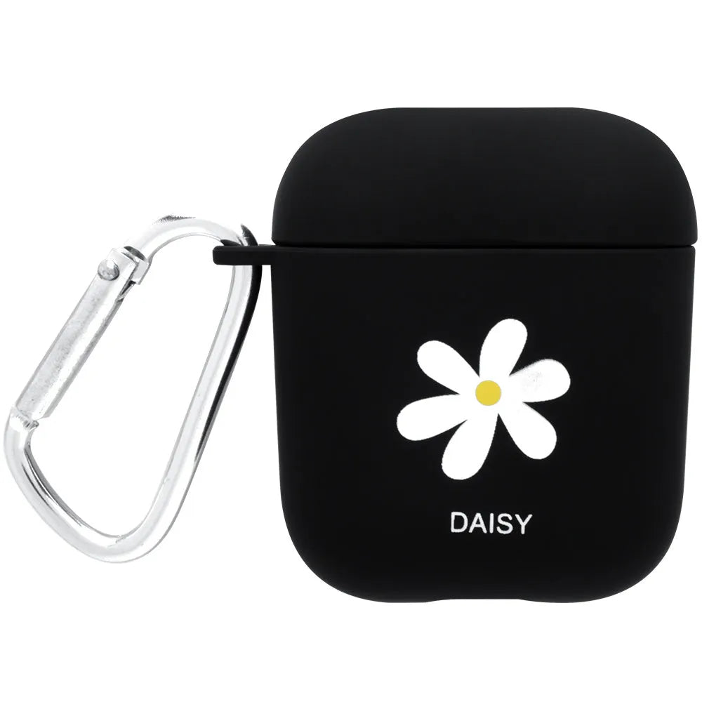 Polycarbonate AirPods case cover with floral and emoticon decorative designs in black and pink colour options