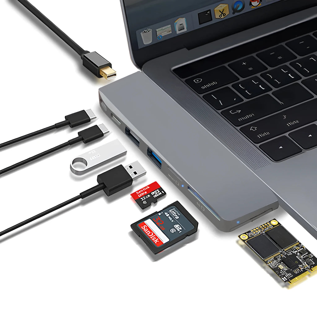 8-in-1 card reader hub for MacBook Pro with dual USB-C plugs and multiple expansion ports