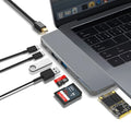 8-in-1 card reader hub for MacBook Pro with dual USB-C plugs and multiple expansion ports