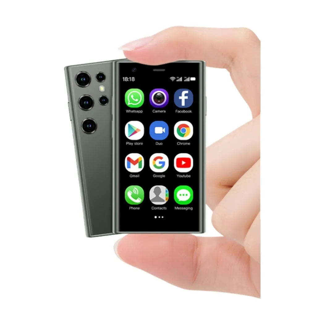 Mini smartphone with 30-inch screen in black, green or pink purple straight plate design showing Android interface